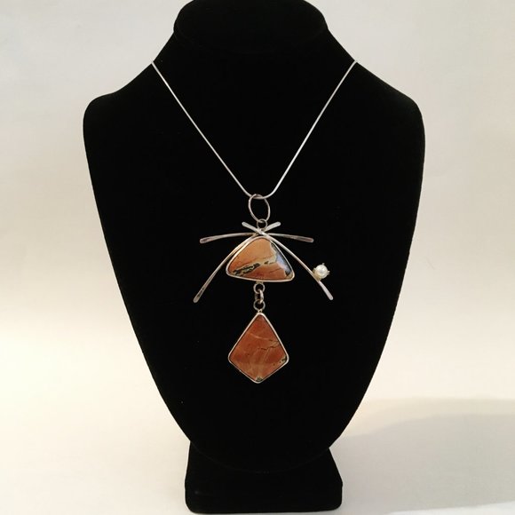 Big Red Canyon Pendant Turquoise Pearl Unique Necklace Sterling Silver Asian New - Picture 2 of 10